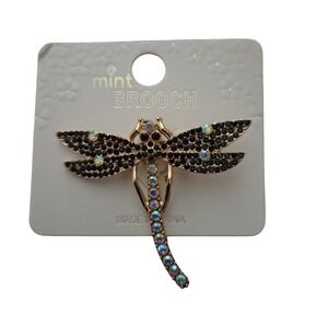 Mint Dragonfly Brooch with Black and‎ Iridescent Rhinestone Accents